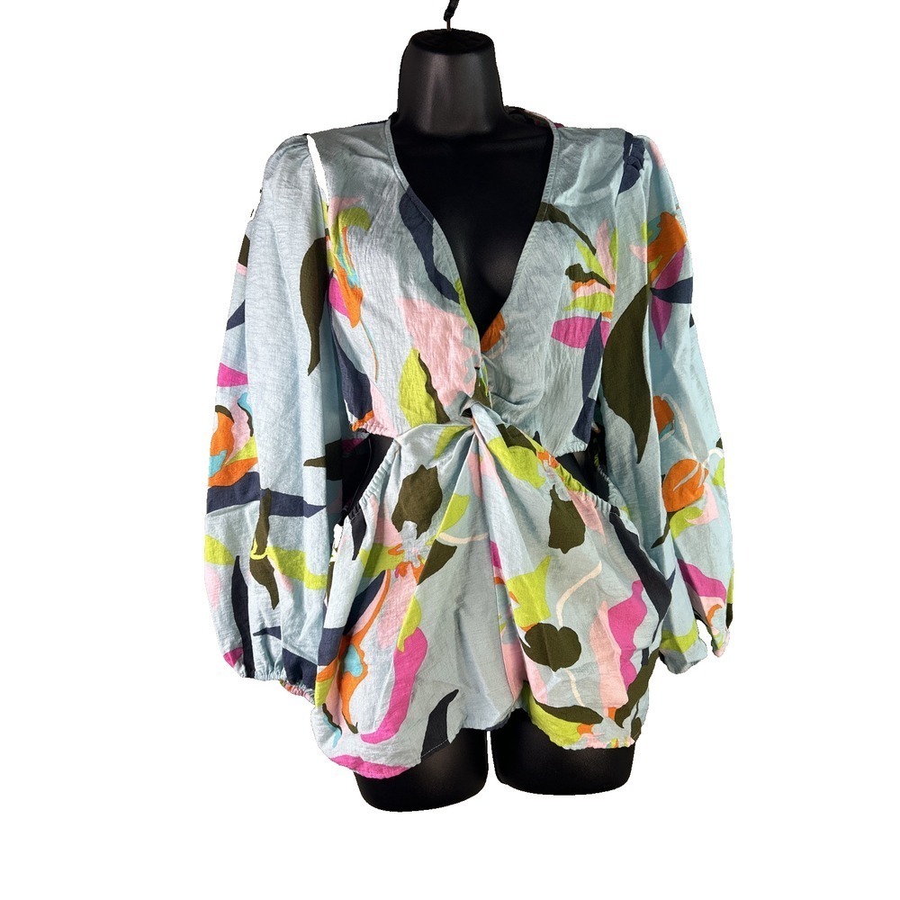 A New Day Top Medium Women's Blouse Multicolor Abstract Floral Long Sleeve Twist - Picture 3 of 16
